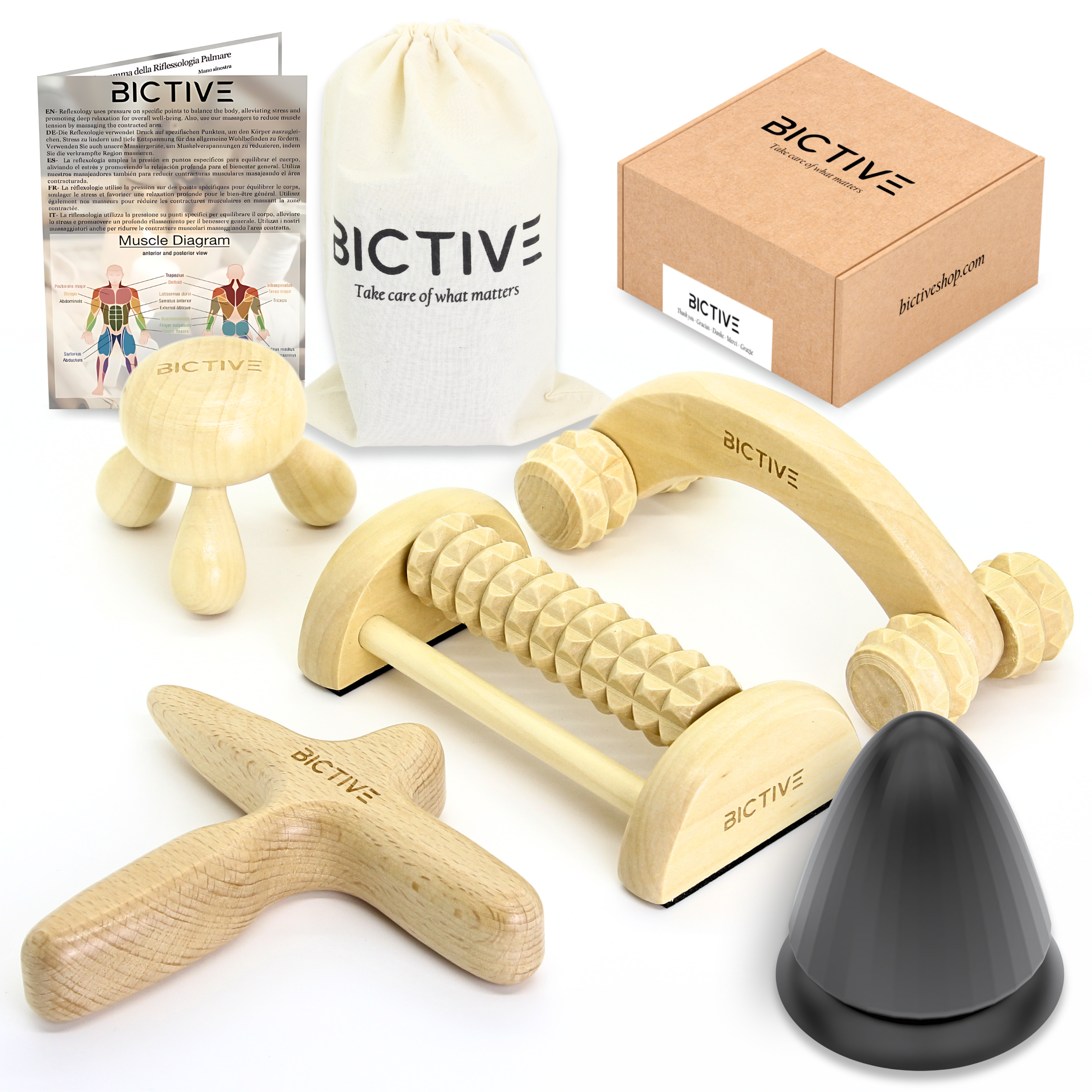 Kit de Masaje Corporal 5 en 1. Masajeadores de Madera para Reflexología Podal, Fascitis Plantar, Masaje de Pies, Celulitis y Masaje Muscular