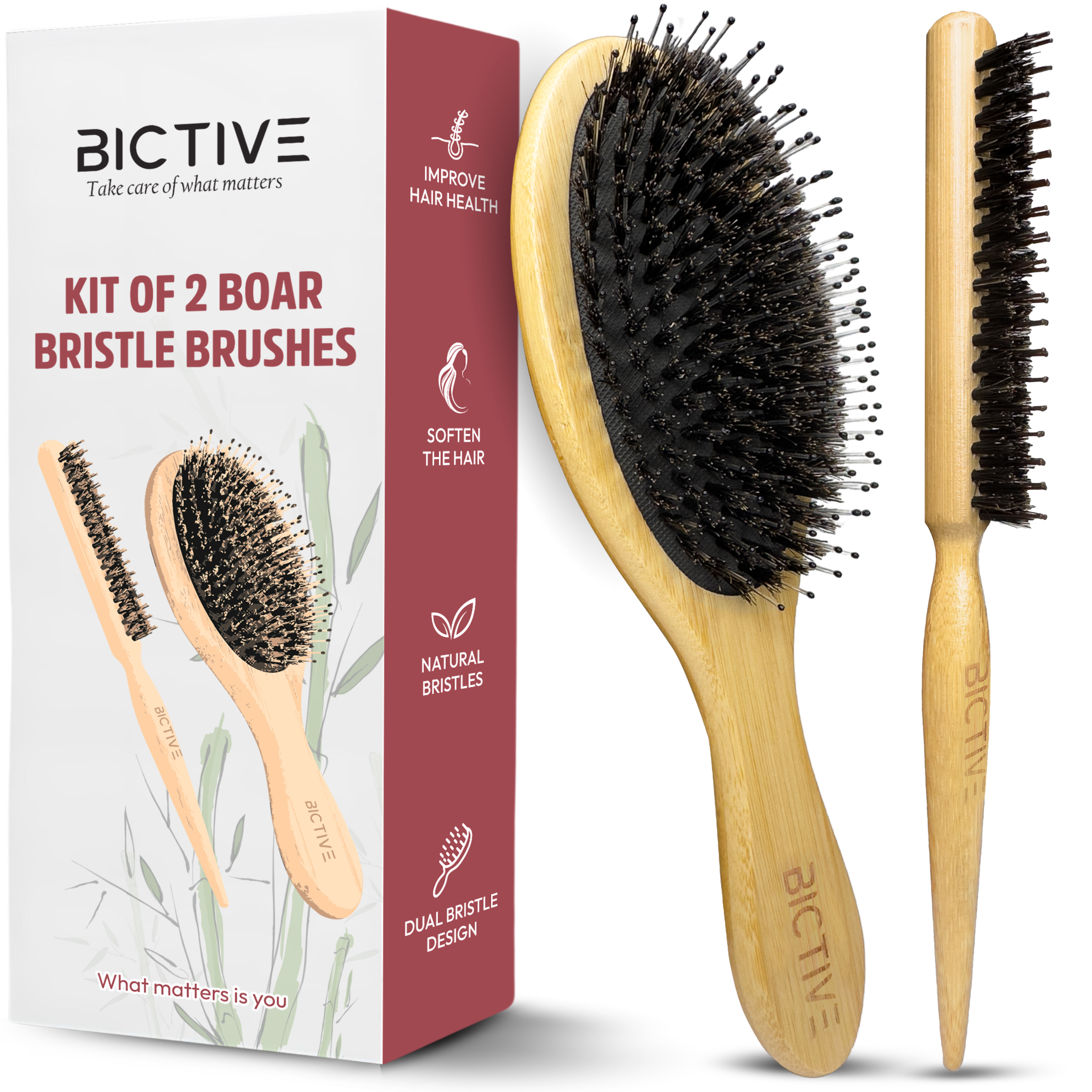 Kit de 2 Cepillos de Cerdas de Jabalí Diferentes en Bambú. Cepillos de Cerdas Naturales, Antitirones, Antiencrespamiento, Desenredante. Para Recogidos de Pelo Unisex