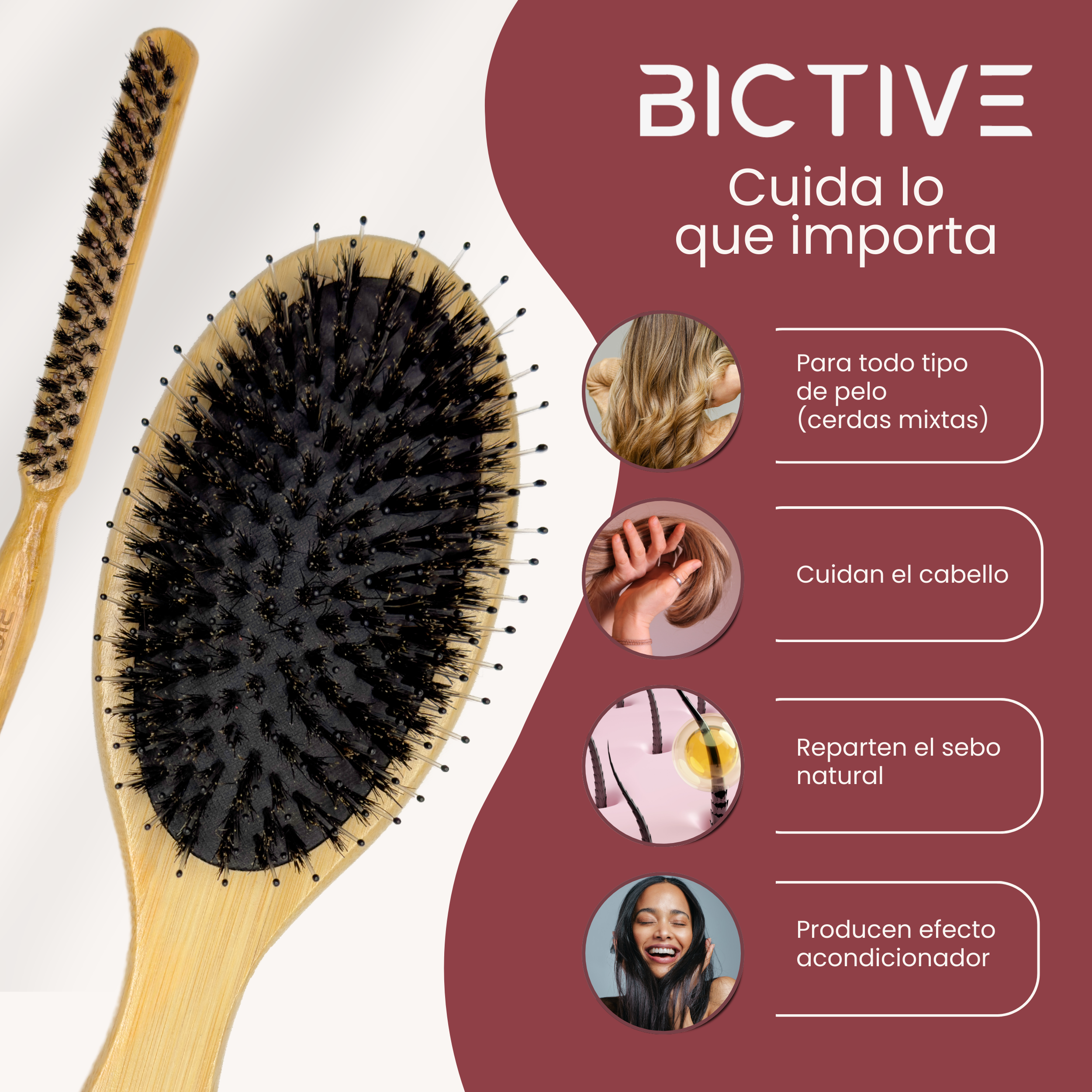 Kit de 2 Cepillos de Cerdas de Jabalí Diferentes en Bambú. Cepillos de Cerdas Naturales, Antitirones, Antiencrespamiento, Desenredante. Para Recogidos de Pelo Unisex