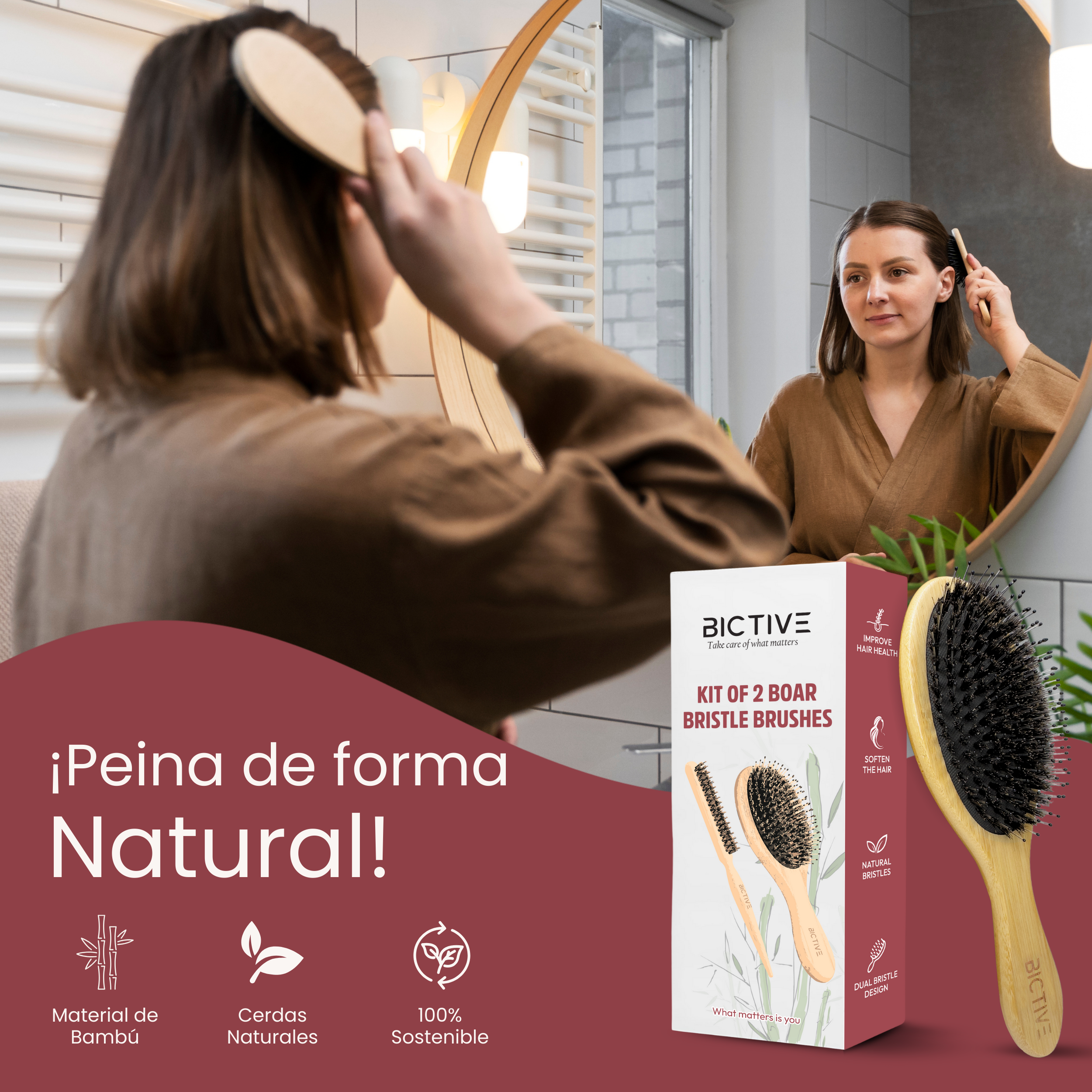 Kit de 2 Cepillos de Cerdas de Jabalí Diferentes en Bambú. Cepillos de Cerdas Naturales, Antitirones, Antiencrespamiento, Desenredante. Para Recogidos de Pelo Unisex