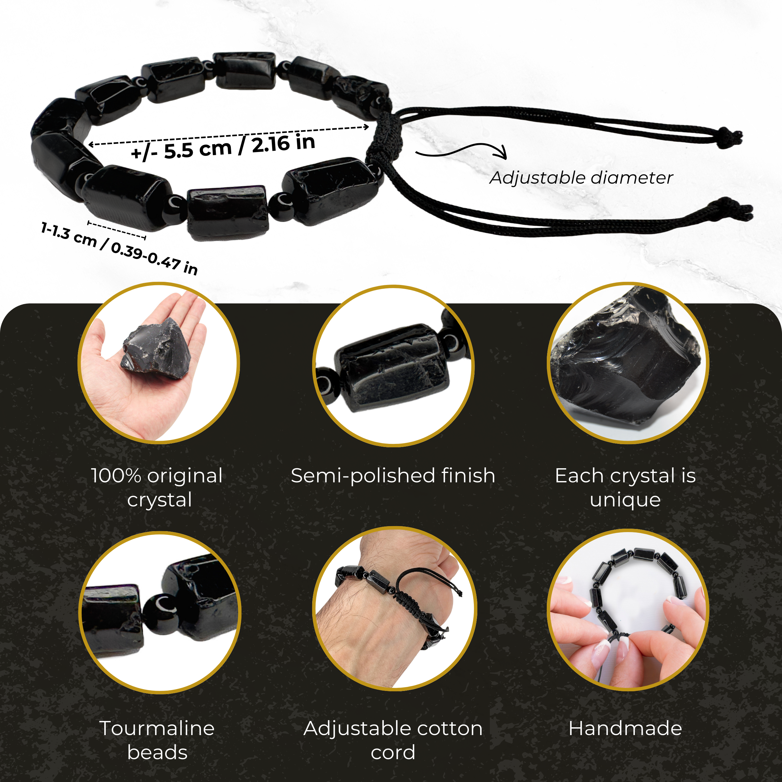 Pulsera de Turmalina Negra Semipulida Hecha a Mano con Piedras Naturales. Pulsera de Protección contra Malas Energías. Unisex.