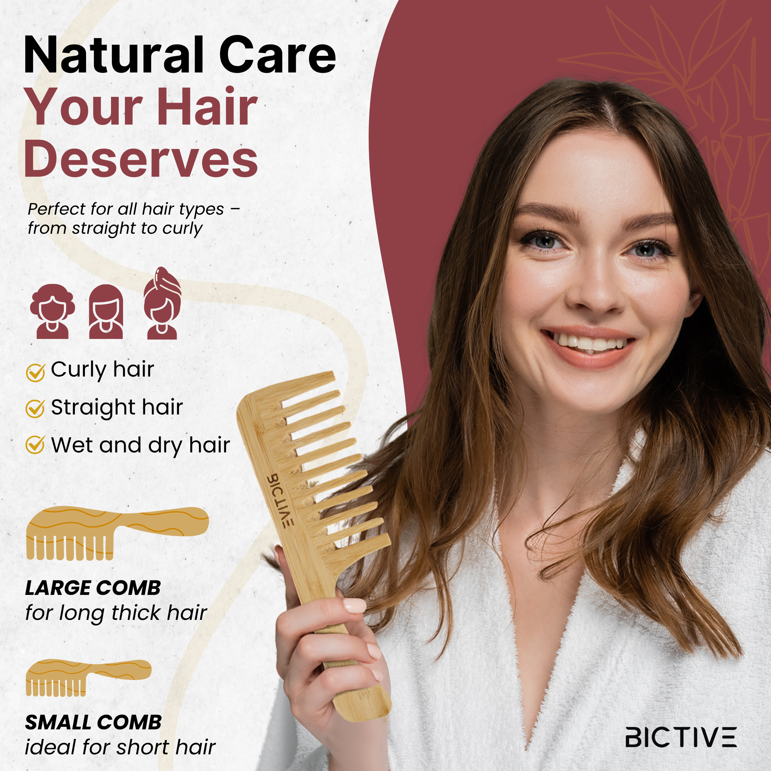 Peine de Puas Anchas de Madera [Grande]. Desenredante, Anti Frizz, Peine Pelo Rizado, Antiencrespamiento. Curly, Rizos y Todo Tipo de Pelo. Ideal para Pelo Denso. Cepillo Bambu Pelo