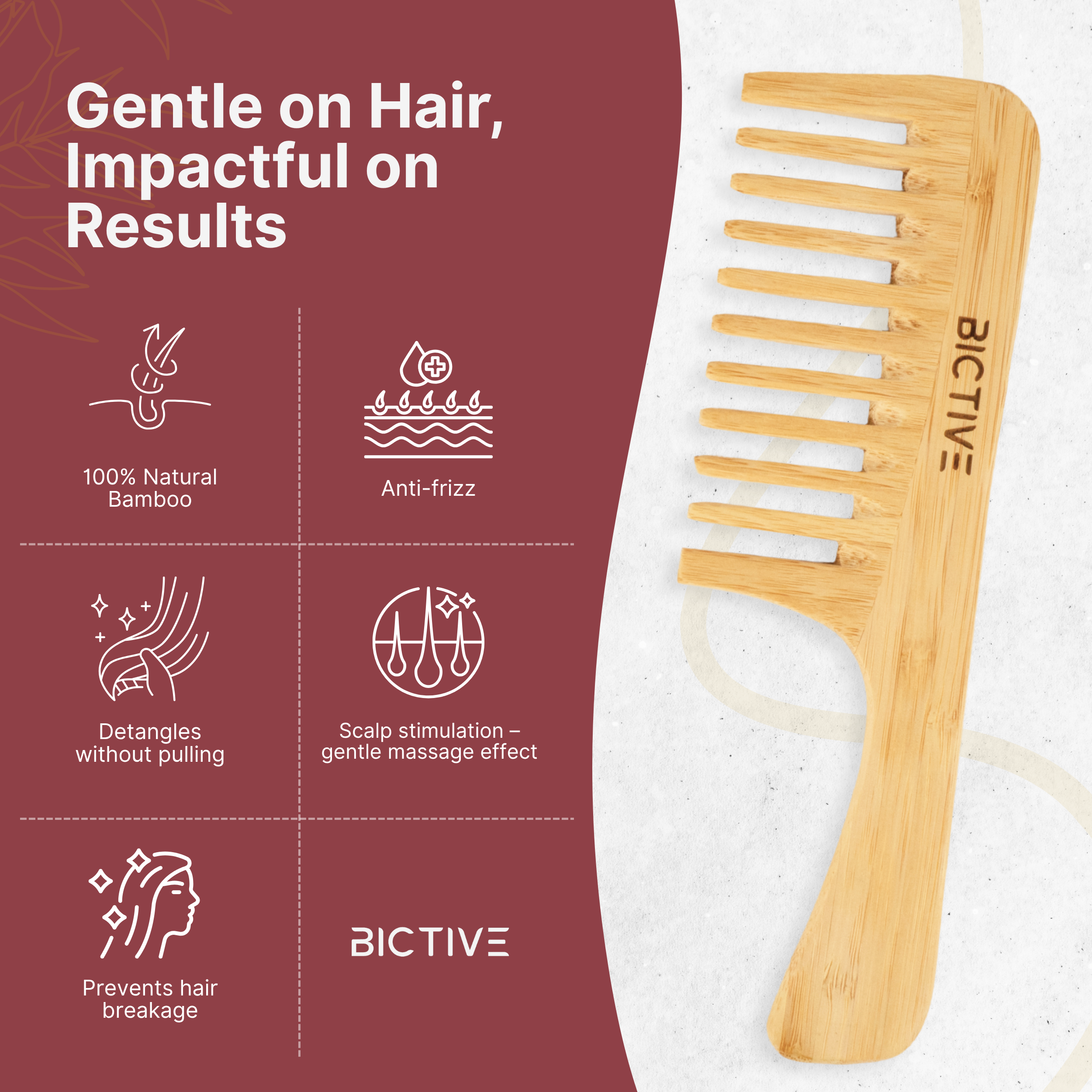 Peine de Puas Anchas de Madera [Grande]. Desenredante, Anti Frizz, Peine Pelo Rizado, Antiencrespamiento. Curly, Rizos y Todo Tipo de Pelo. Ideal para Pelo Denso. Cepillo Bambu Pelo