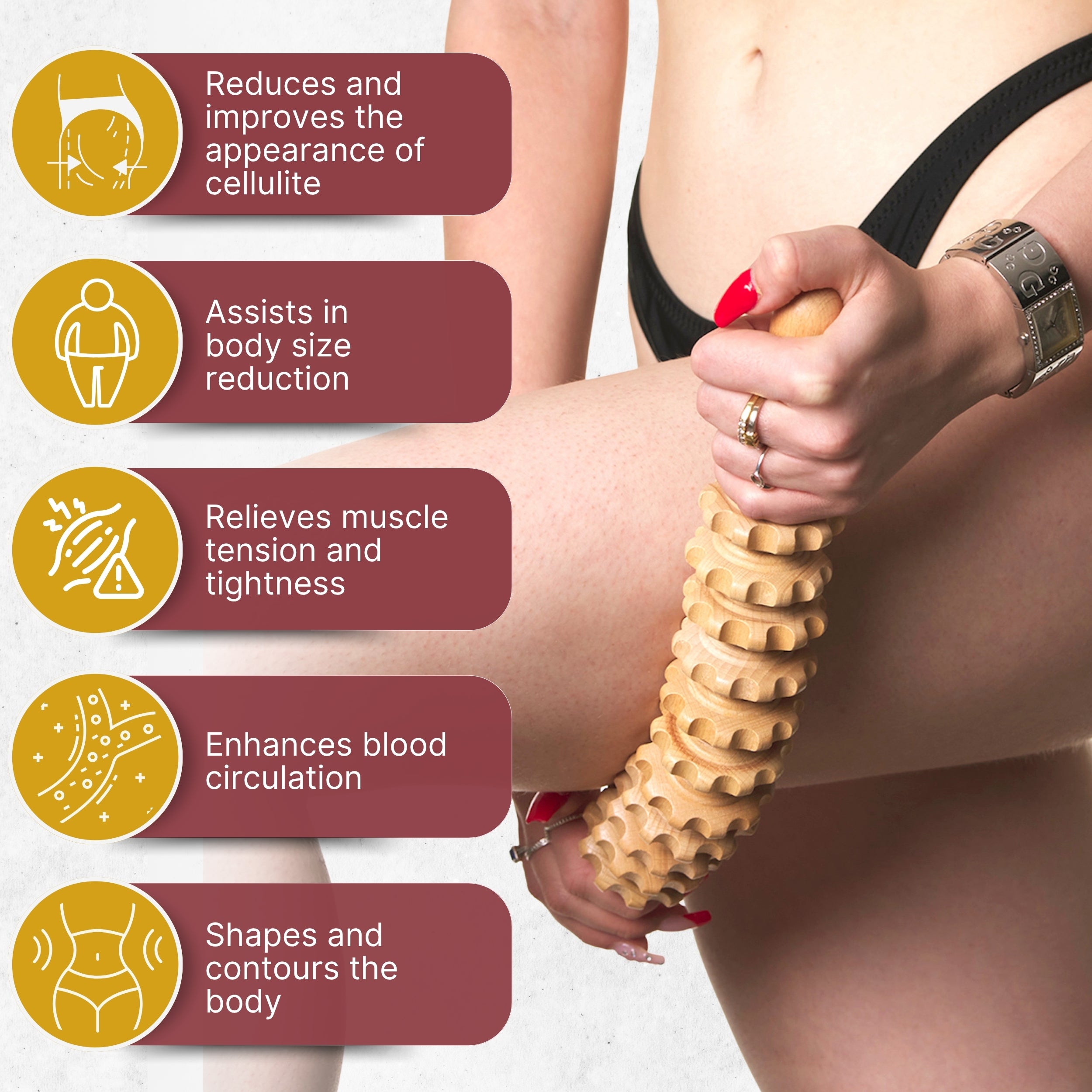 Rodillo Curvo de Maderoterapia Corporal para Celulitis y Masajes. Rodillo Anticelulítico para Piernas, Muslos, Glúteos y Abdomen. Mejora el Drenaje Linfático. Masajeador de Madera con Bolsa.