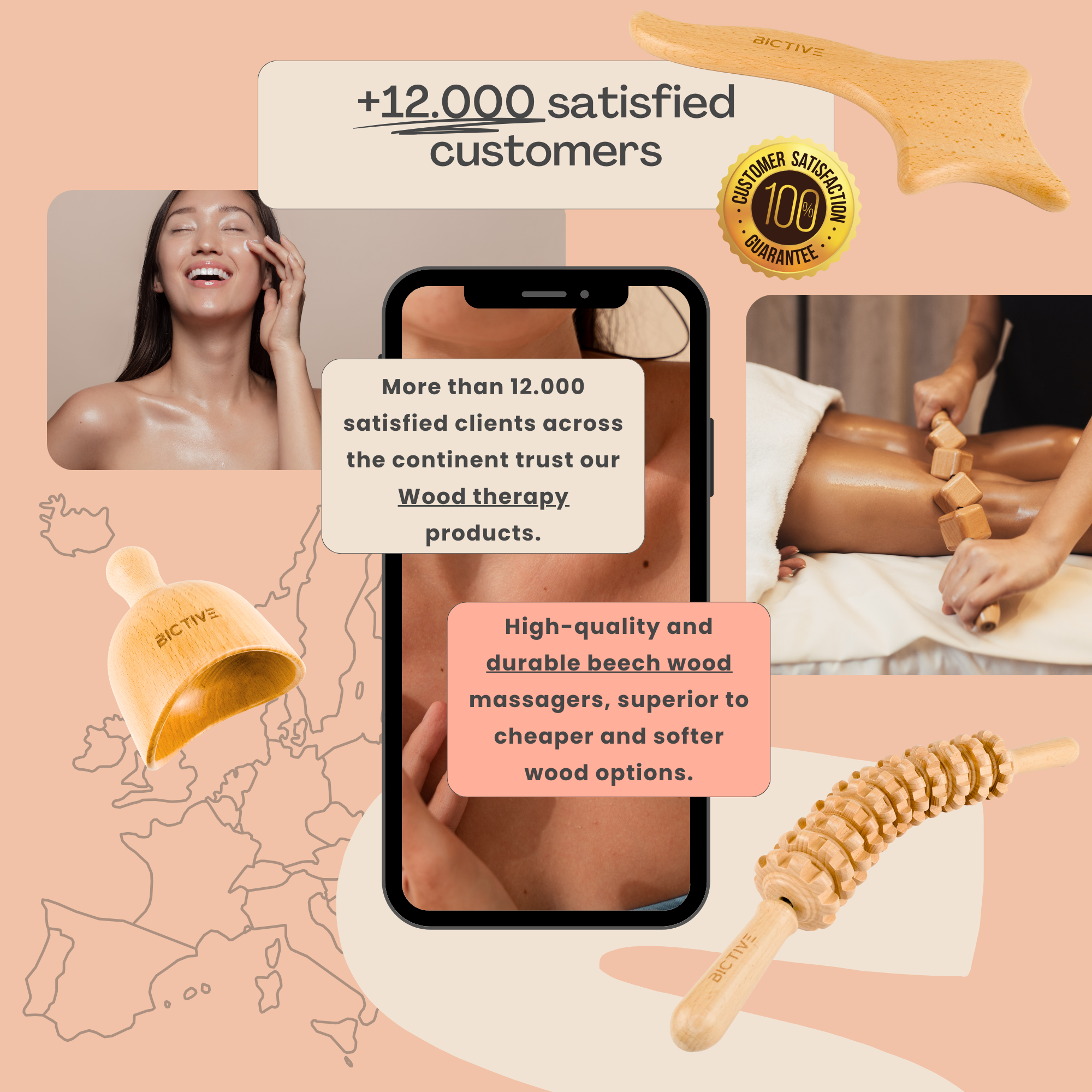 Rodillo Curvo de Maderoterapia Corporal para Celulitis y Masajes. Rodillo Anticelulítico para Piernas, Muslos, Glúteos y Abdomen. Mejora el Drenaje Linfático. Masajeador de Madera con Bolsa.